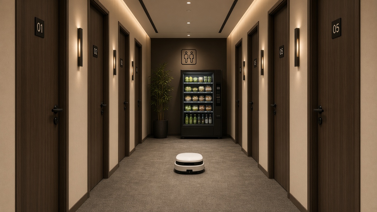 Hallway with room doors, healthy vending and cleaning robot