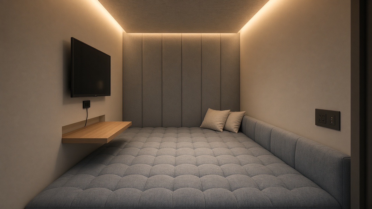 NapDock room concept render: mattress floor, cushioned wall backrest, TV, slide-out desk