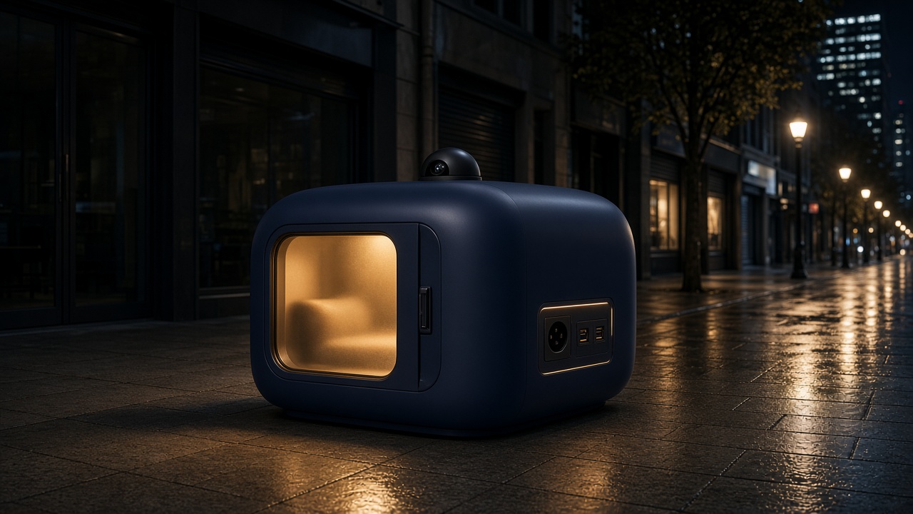 Portable pod on a city street at night